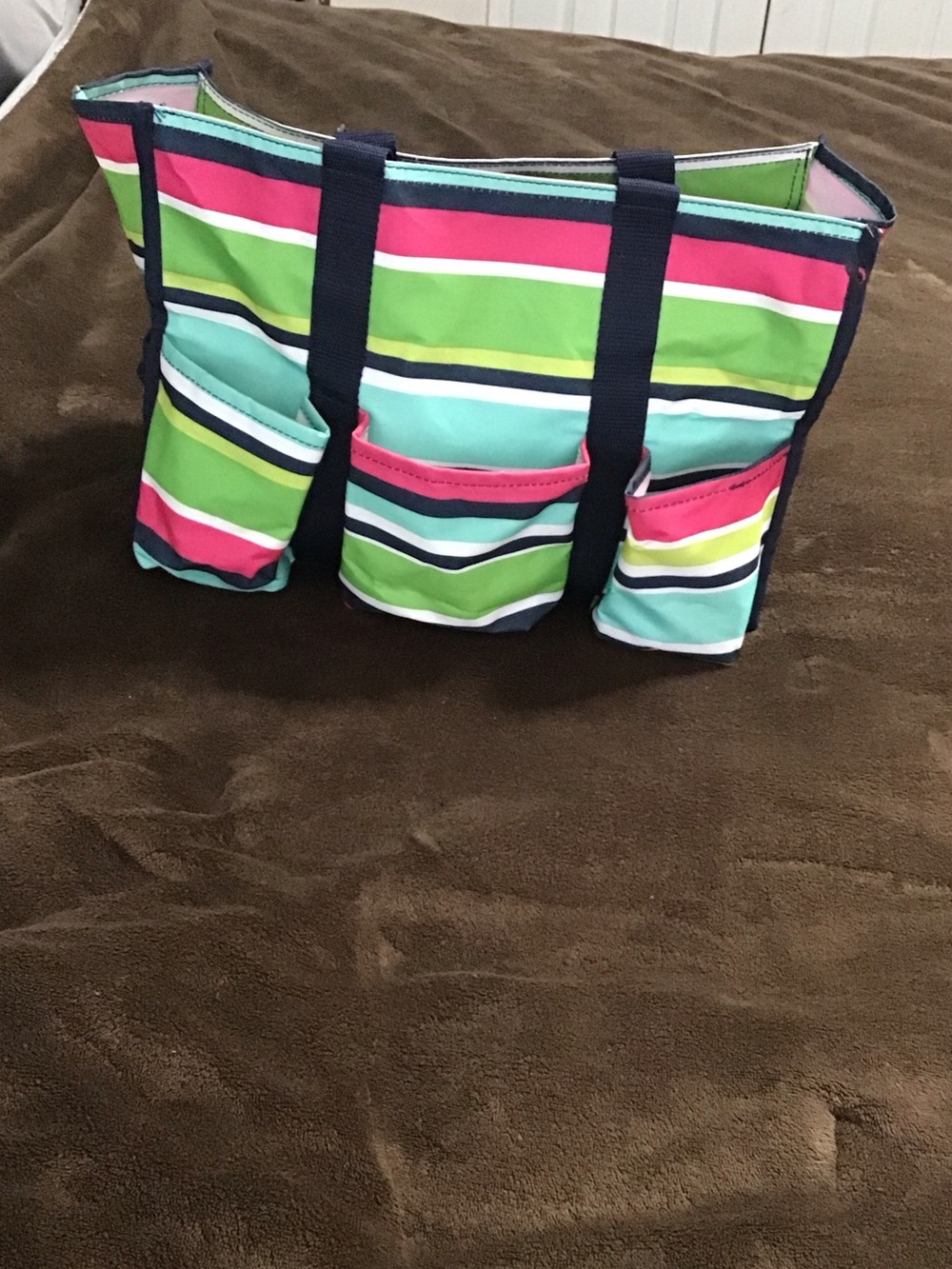 thirty-one Striped Tote in Pink, Green, Teal, Navy & White